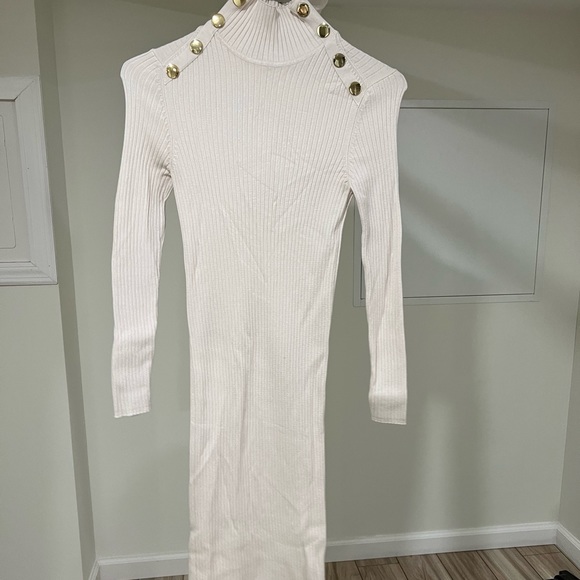 Zara Dresses & Skirts - ZARA White Ribbed Knit MIDI Dress with Gold Buttons SIZE L